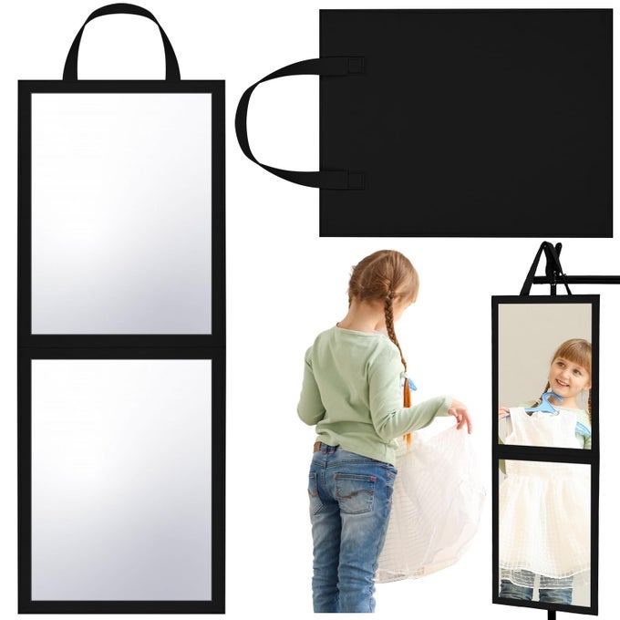 TRAVEL HANGING MIRROR FULL LENGTH FOR DANCE BAG FOLDABLE BACKSTAGE MIRROR FOR DANCERS ARTISTS AESTHETICIANS HOME SPA DANCE COMPETITION MUST HAVESBLACK335 X 134
