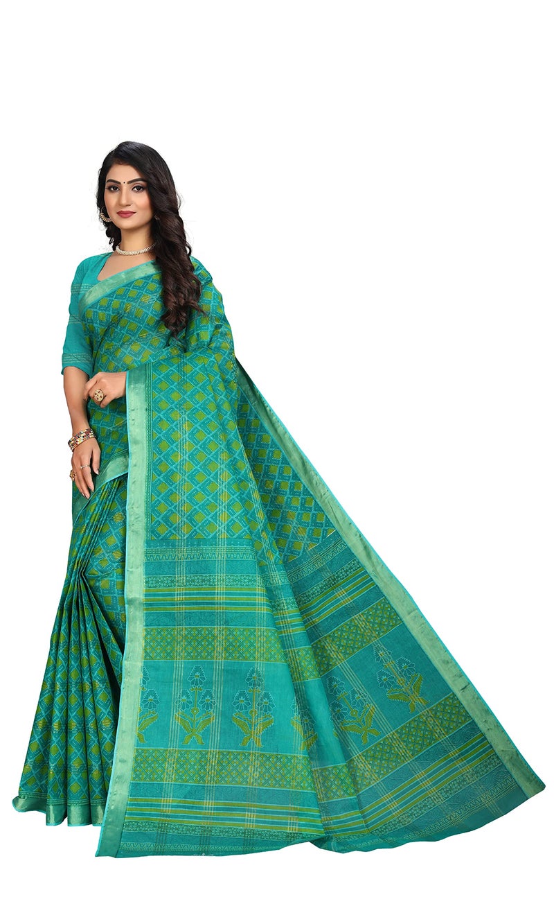 RATAN Pure Cotton Printed Mul Mul Saree for Women without Blouse Piece (BLR-2104_Green) - Image 1