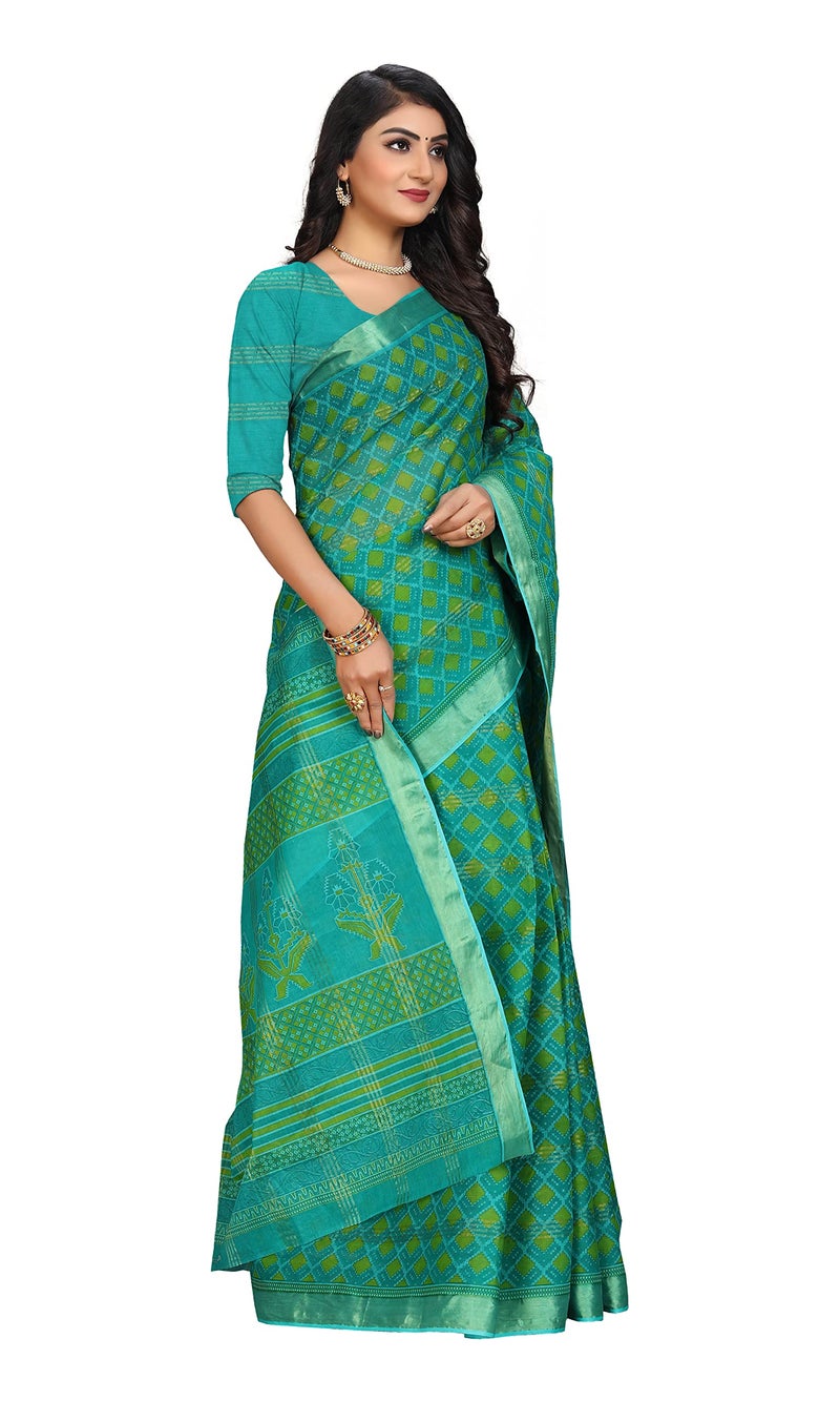 RATAN Pure Cotton Printed Mul Mul Saree for Women without Blouse Piece (BLR-2104_Green) - Image 5