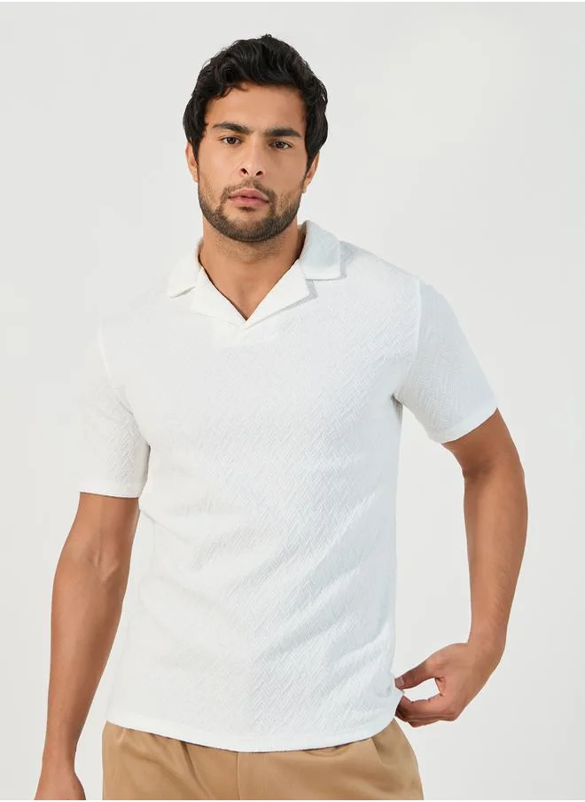 Styli Premium Chevron Textured Knit Revere Collar Relaxed Polo