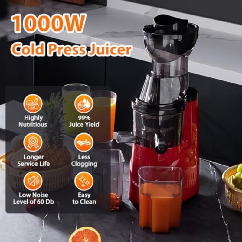 Cold Press Juicer, 1000W, 600ML Capacity Slow Masticating Juicer Machines with 80mm Feeding Chute Fit Whole FruitsandVegetables, Stainless Steel Slow Masticating Easy to Clean, High Juice Purity. - Image 2