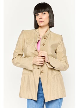 Women Regular Fit Plain Casual Blazer, Tan