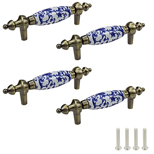 Mcredy 4 Pcs Blue White Porcelain Ceramic Cabinet Pulls Vintage Chinese Style Drawer Handles Pull for Kitchen Dresser Wardrobe - Image 1