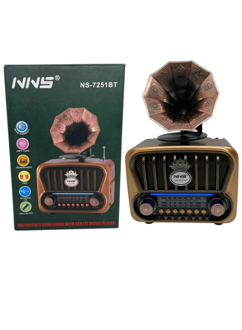 NNS NS-7251BT Vintage Gramophone Bluetooth Speaker, AM/FM/SW 3-Band Portable Radio, Wireless Music Player - Image 1