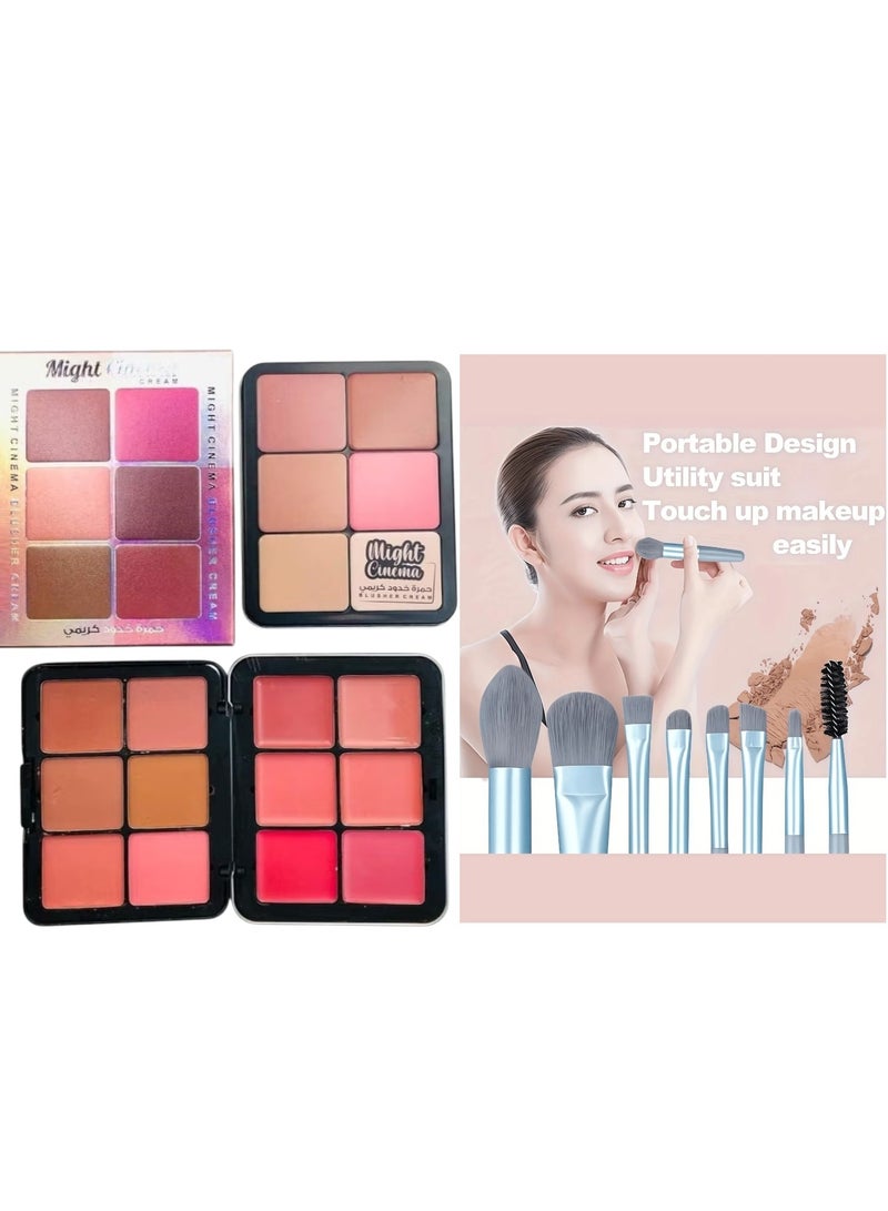 Might Cinema Cream & Powder Blush Palette 12 Colors + Makeup Brush Set 8 Pieces (Multi-Color) - Image 1