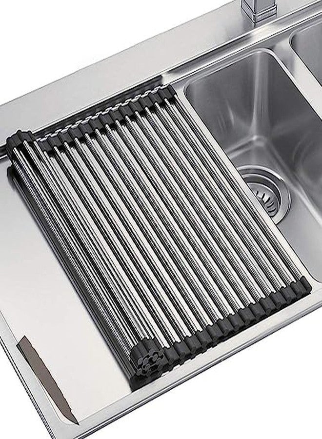 GROPOTIT Stainless Steel Sink Folding Vegetable Fruit and Dish Drying Drain Rack, Stainless Steel Roll-Up Over Sink Rack Kitchen Foldable Drying Drainer Portable Dish Drainer Rack for Cups, Fruits Vegetables - Image 1