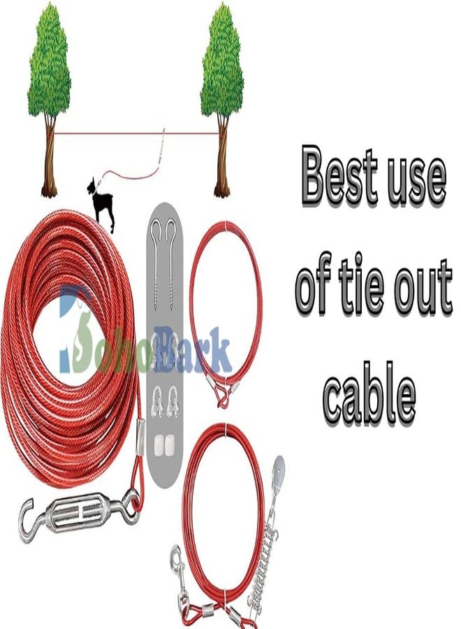 BohoBark Dog tie-Out Cable Leash Steel Rope PVC Coated 5mm Heavy Duty. Water Proof Lead for Outdoors. Rust Proof Easy to use.(Red) 12Fit - Image 2