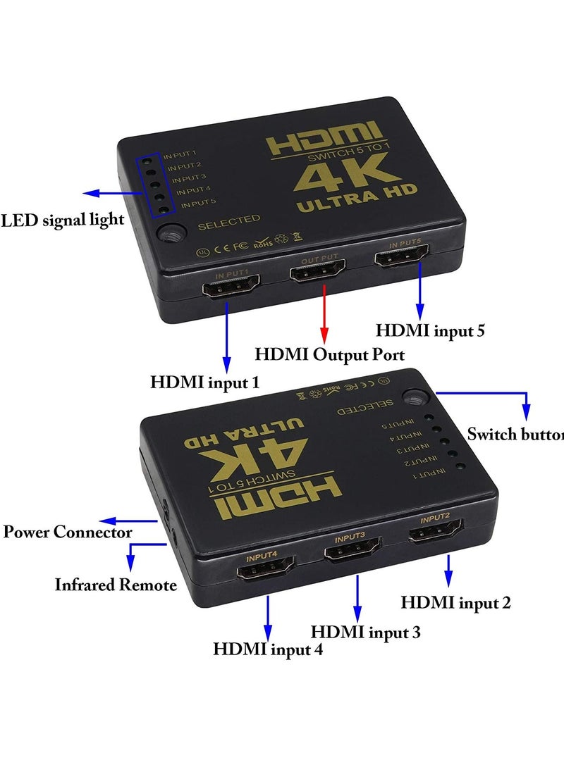 HDMI splitter HDMI compatible Switcher 4K HD1080P 3 5 Port HD Switch Selector Splitter with Hub Remote Controller