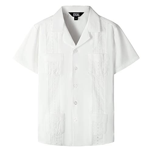 JOGAL Boys Guayabera Shirts Cuban Short Sleeve Casual Button Down Beach Shirt White 6 - Image 1