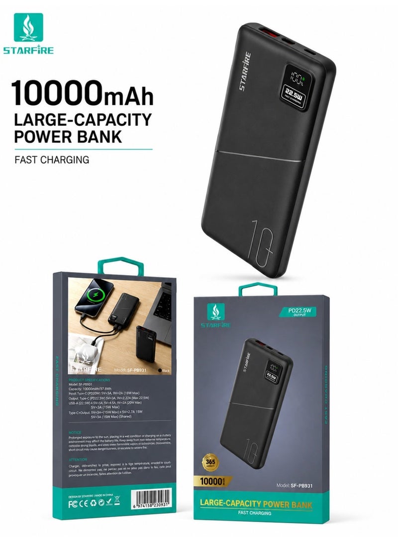 Starfire Power Bank 10000mAh, 22.5W Portable Charger with PD 20W Fast Charging, USB-C Input & Output and Digital Display for iPhone 17/16/15, Galaxy S25/S24, iPad, AirPods and More - Image 1