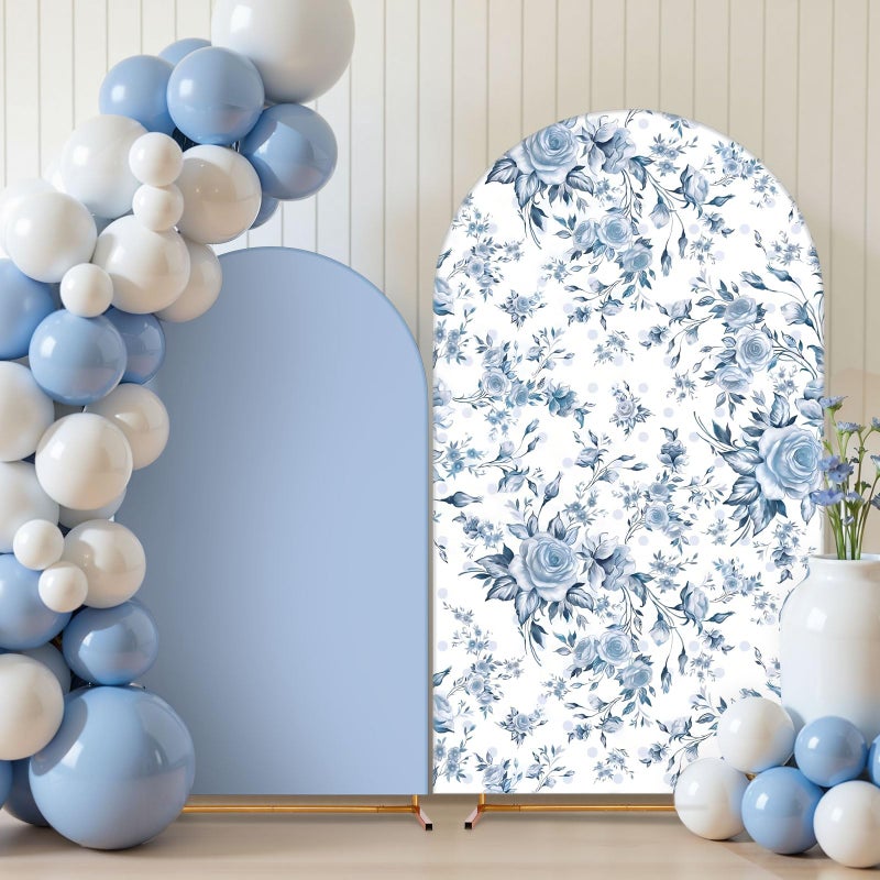 Mindsoft 2 Pcs Blue Flowers Arch Backdrop Cover 6ft and 7.2ft Spandex Stand Cover for Baby in Bloom Baby Shower Birthday Wedding Bridal Shower Party Decorations - Image 1