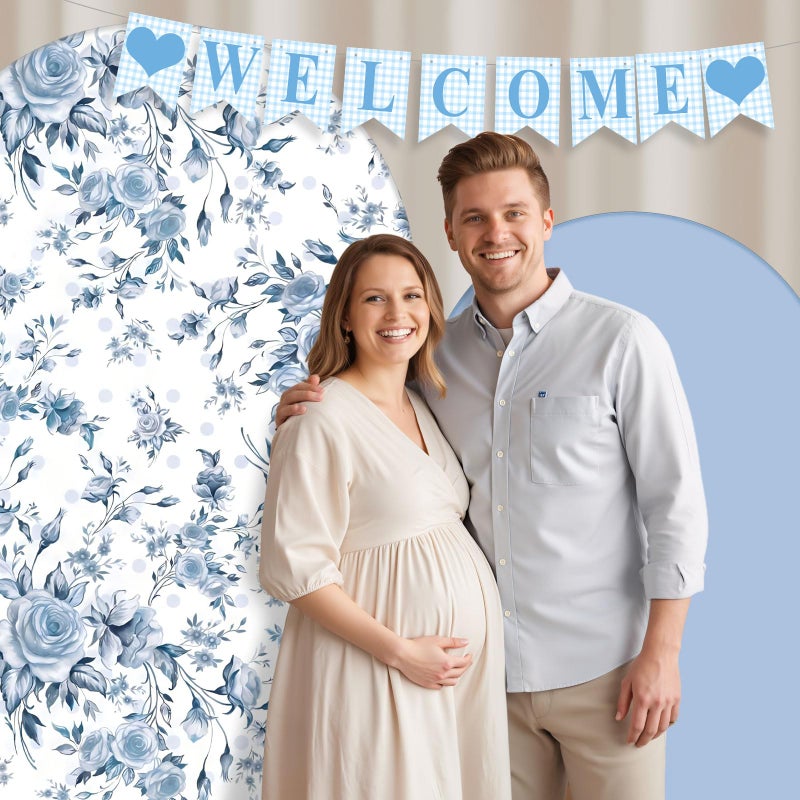 Mindsoft 2 Pcs Blue Flowers Arch Backdrop Cover 6ft and 7.2ft Spandex Stand Cover for Baby in Bloom Baby Shower Birthday Wedding Bridal Shower Party Decorations - Image 2
