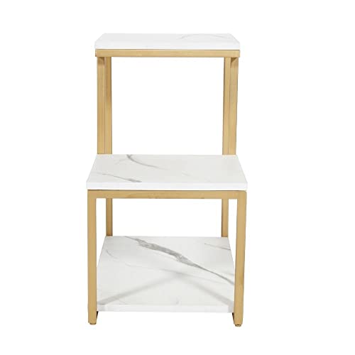 Priti Modern 2-Tier Marble Side Table with Gold Metal Frame - Geometric Step Design End Table for Living Room Bedroom - Image 3
