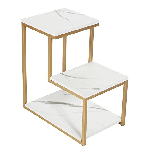 Priti Modern 2-Tier Marble Side Table with Gold Metal Frame - Geometric Step Design End Table for Living Room Bedroom - Image 1