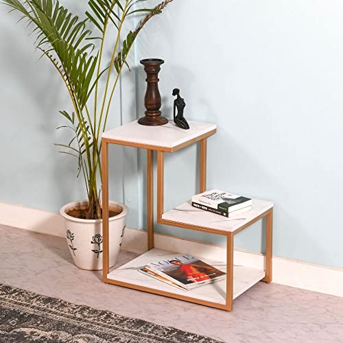 Priti Modern 2-Tier Marble Side Table with Gold Metal Frame - Geometric Step Design End Table for Living Room Bedroom - Image 2