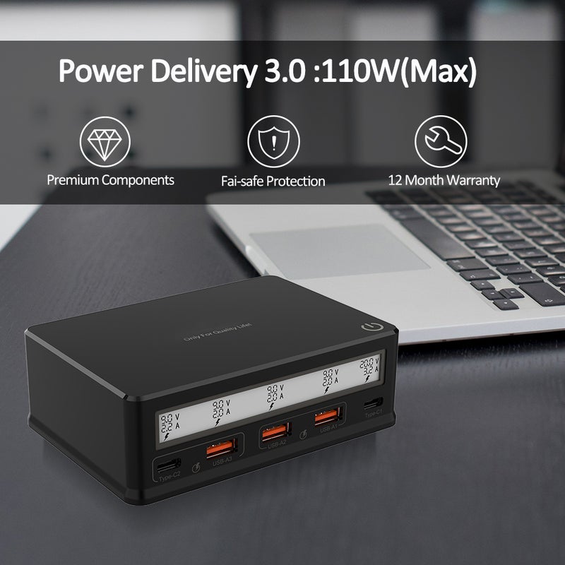 USB Wall Charger 110W 5-Port USB Charging Station Multi Port USB Hub Charger Compact Size LCD Display Compatible with Smartphone Tablet and Multiple Devices - Image 5