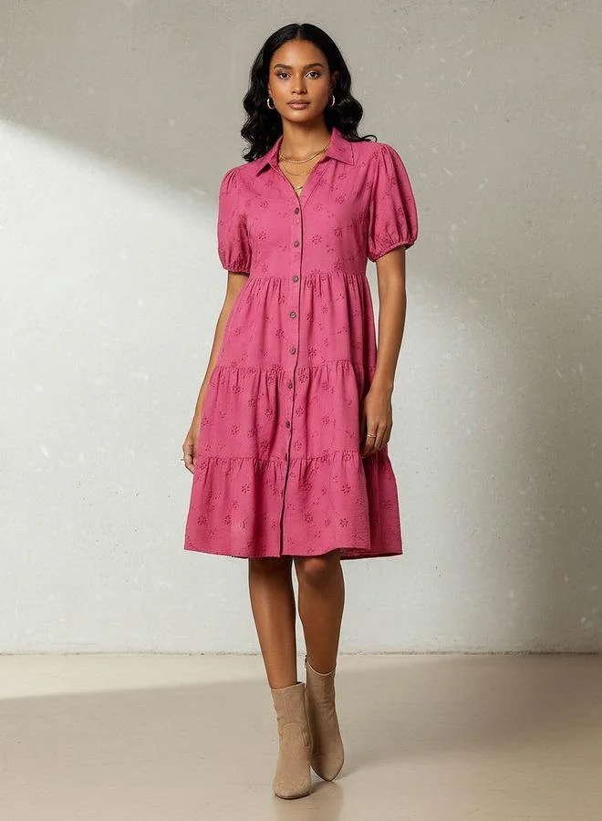 سبلاش فيڤ Schiffli Textured Tiered Women Dress with Collar