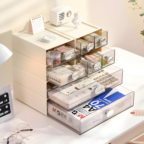 OSteed Spacious Desktop Storage Box, 1 Large Storage Drawer, Stackable Office Desk Drawer Organizer and Accessories, Printer Paper Organizer, Cream Plastic Drawers for Workspace & Home - Image 2