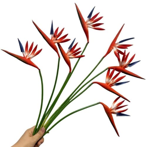 Corkwaw 8 Pack 21-1/2 Inch Artificial Flowers Bird of Paradise,Green Plant for Home Garden Decoration Office Verandah Wedding Decorations (Orange red) - Image 1