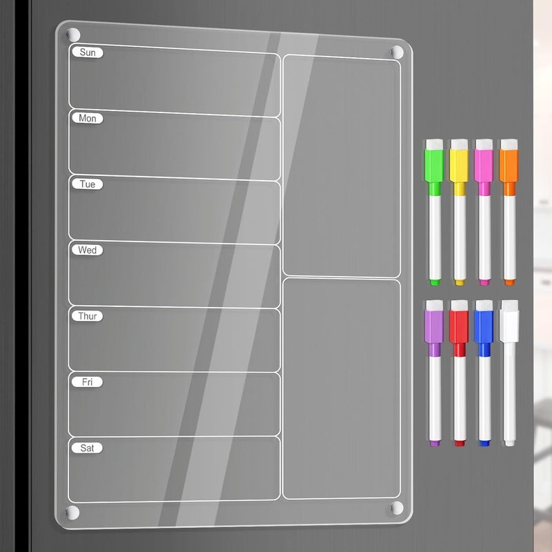 لوحة تخطيط الوجبات الأسبوعية الشفافة القابلة للمسح الجاف من الأكريليك المغناطيسي للثلاجة في المطبخ مع أقلام تحديد - Image 1