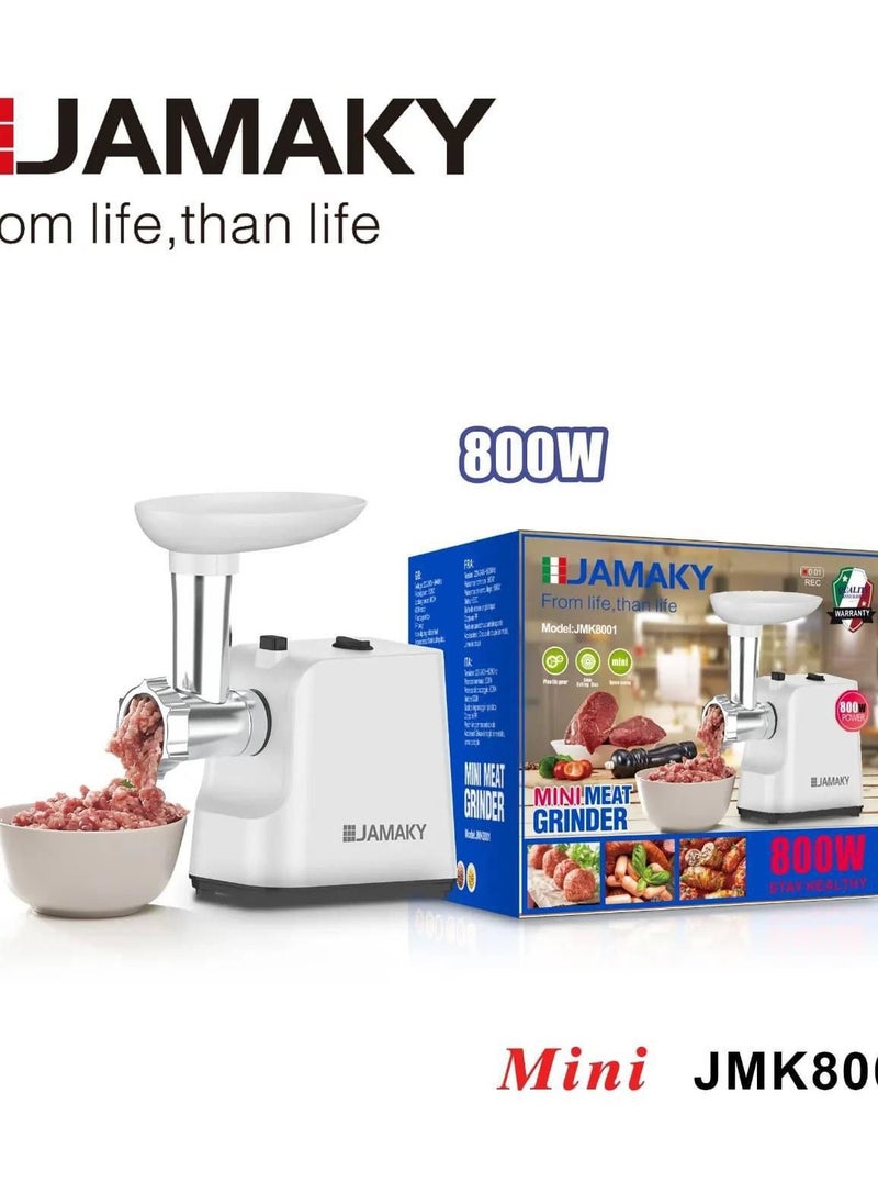 JAMAKY Italy - JMK8001 Electric Meat Grinder, 800W Max Power, 3 in 1 Multifunctional Electric Meat Grinder, Sausage Stuffer, 1 Slicing Blade, 3 Grinding Plates and Kibbeh Attachments. - Image 1