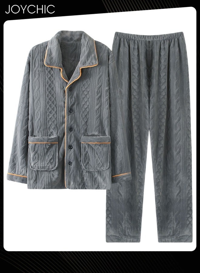 Joychic Coral Velvet Lapel Pajamas Set for Men Autumn and Winter Thickened and Velvet Warm Windproof Homewear Wear-resistant Long-sleeved Youth Bedroom Sleepwear Grey - Image 1