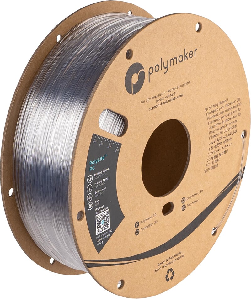 polymaker خيوط بوليمكر PC 1.75 مم، خيوط بولي كربونات شفافة 1.75 مم 1 كجم على بكرة كرتونية - خيوط بولي لايت الشفافة PC، قوية ومتينة ومقاومة للحرارة 1.75 مم لطابعة 3D خيوط بولي كربونات - Image 1