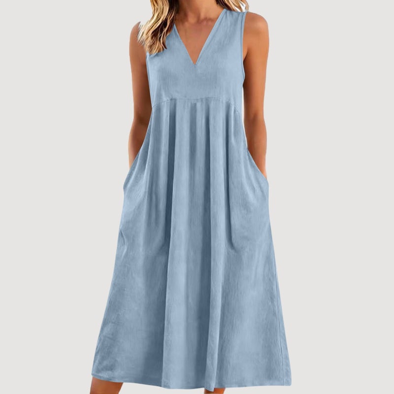 Women's Casual Loose Fit V-neck Sleeveless Pocket Dress - Image 3