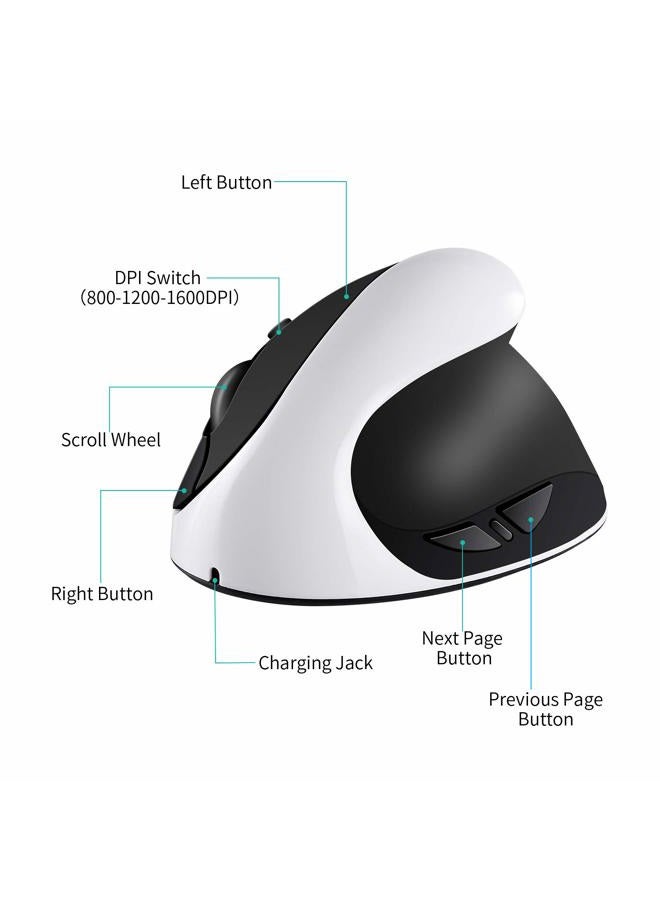 AURTEC Vertical Mouse, Rechargeable 2.4G Wireless Ergonomic Mice with USB Receiver, 6 Buttons and 3 Adjustable DPI 800/1200/1600, White - Image 5