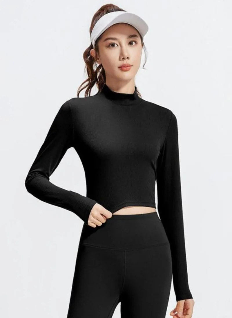 YUNIQEE Black Solid High Neck Long Sleeves Sports Top