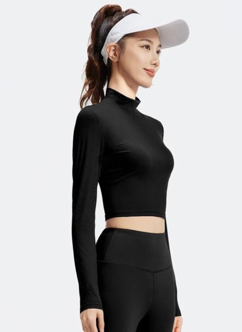 YUNIQEE Black Solid High Neck Long Sleeves Sports Top