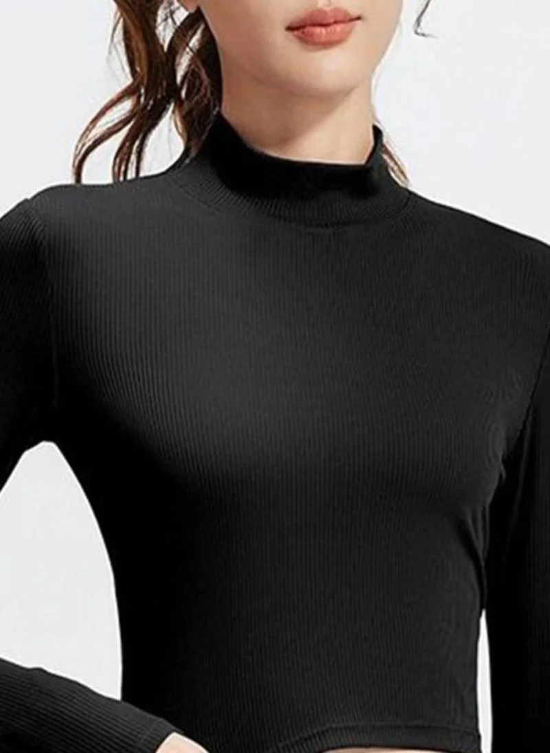 YUNIQEE Black Solid High Neck Long Sleeves Sports Top