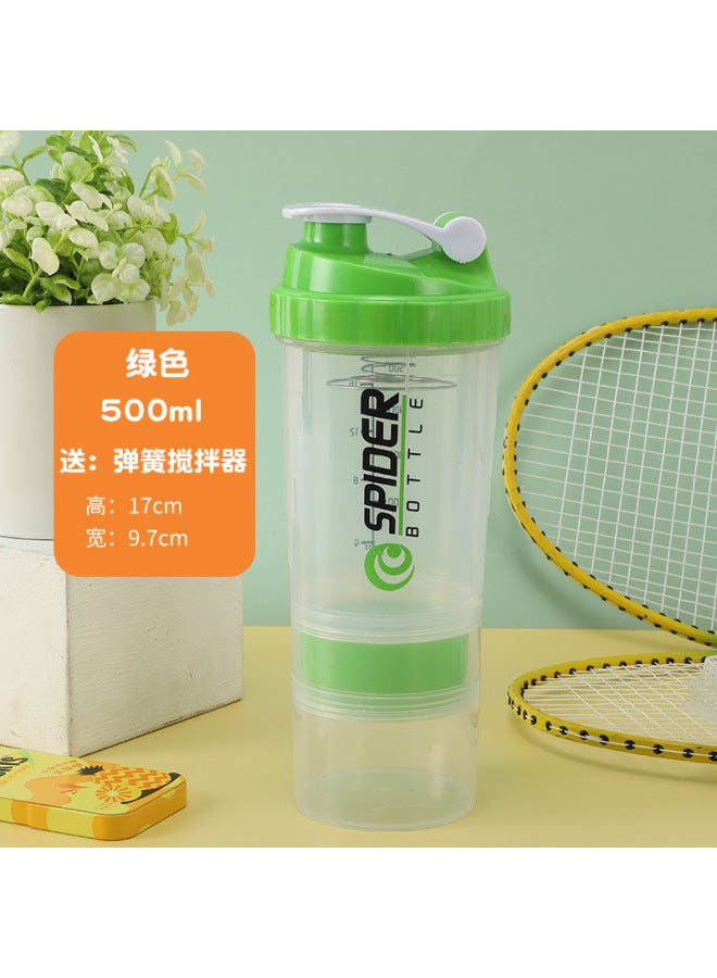 SPIDER BOTTLE Green-transparent 500ml Three-layer Shaker Cup, Large-capacity Fitness Water Cup, Sports Water Bottle, Protein Powder Milkshake Shaker Cup, Plastic Cup - Image 1