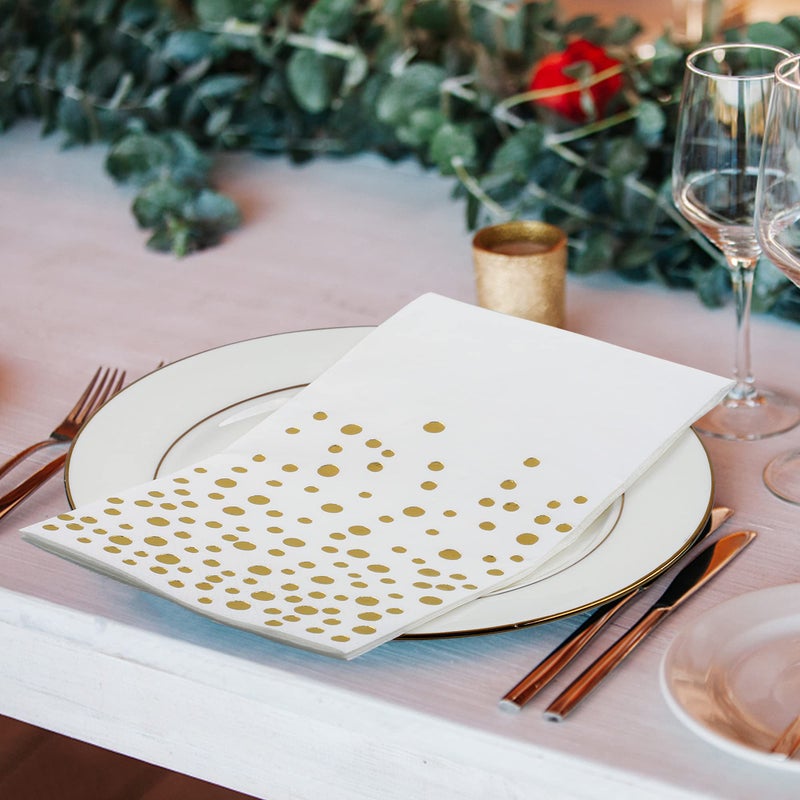 peony man Pack of 120 Gold Foil Guest Napkins White and Golden Polka Dots Disposable Hand Towels Metallic Dinner Paper Napkins for Wedding Baby Bridal Shower Bathroom Party Supplies - Image 4