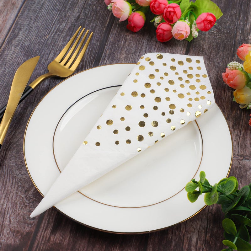 peony man Pack of 120 Gold Foil Guest Napkins White and Golden Polka Dots Disposable Hand Towels Metallic Dinner Paper Napkins for Wedding Baby Bridal Shower Bathroom Party Supplies - Image 3