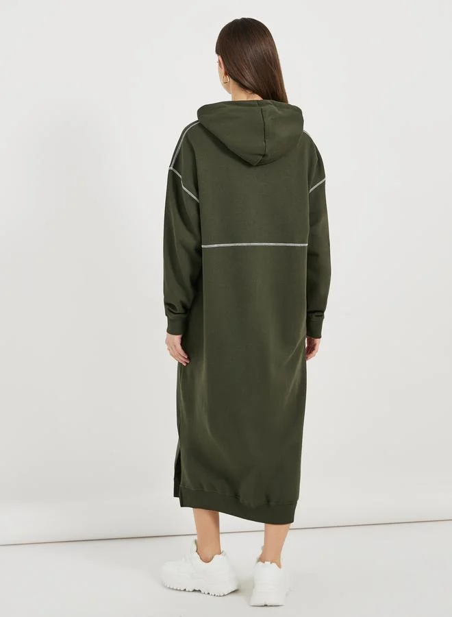 Styli Contrast Overlock Stich Hooded Sweatshirt Midi Dress