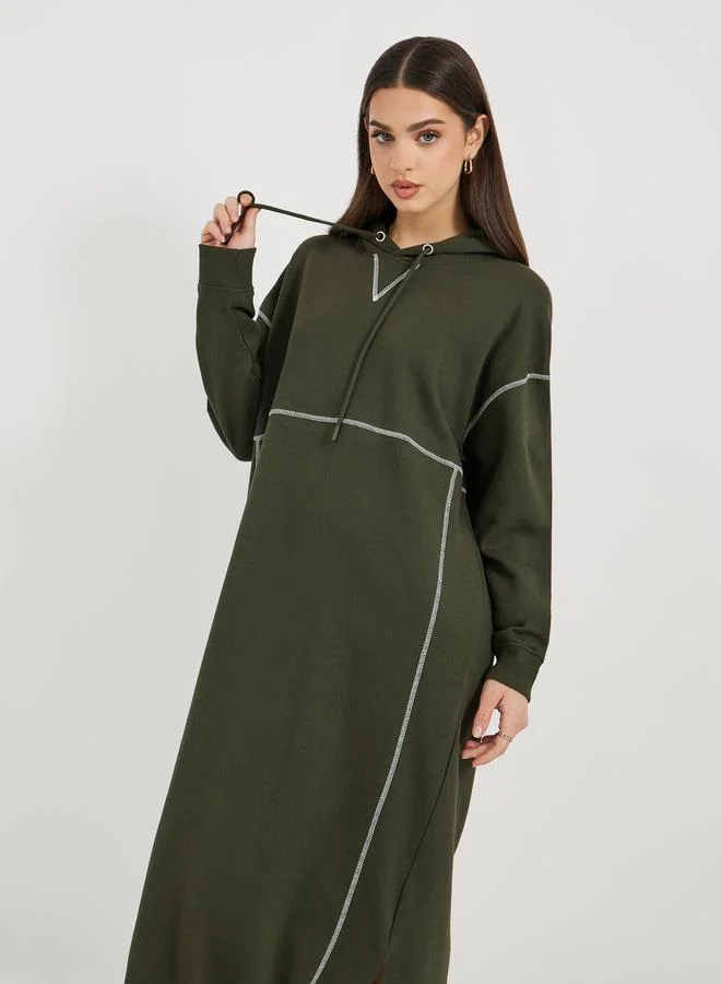 Styli Contrast Overlock Stich Hooded Sweatshirt Midi Dress