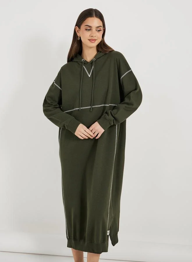 Styli Contrast Overlock Stich Hooded Sweatshirt Midi Dress