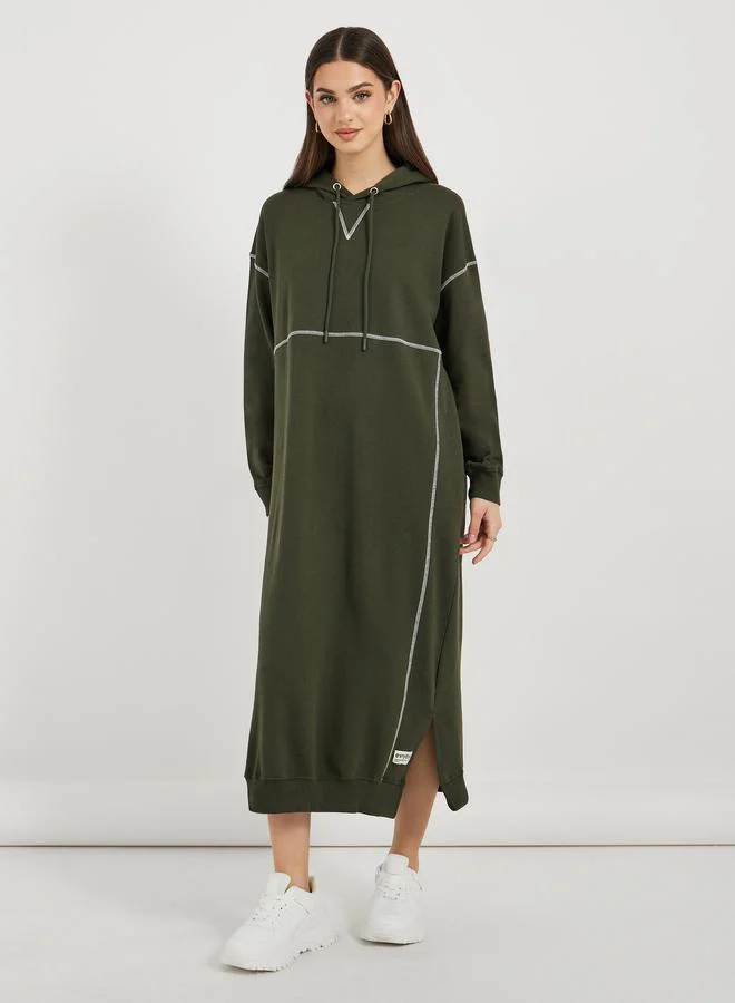 Styli Contrast Overlock Stich Hooded Sweatshirt Midi Dress