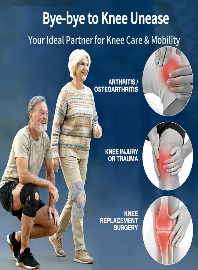 Knee Brace for Knee Pain Relief - Adjustable Compression Support with Side Stabilizers & Patella Gel Pad for Men & Women, for Running, Basketball, Hiking & Injury Recovery (Gray) - Image 2