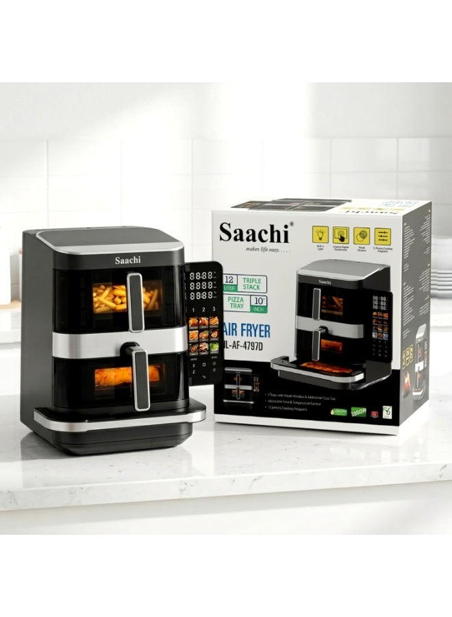 Saachi 12L Digital Air Fryer  Dual Pot 7L+5L Capacity, 12 Preset Programs, Touchscreen Control, Oil-Free Cooking, Stainless Steel Design with Viewing Window & Light 12 L 2800 W NL-AF-4797D-BK black - Image 2