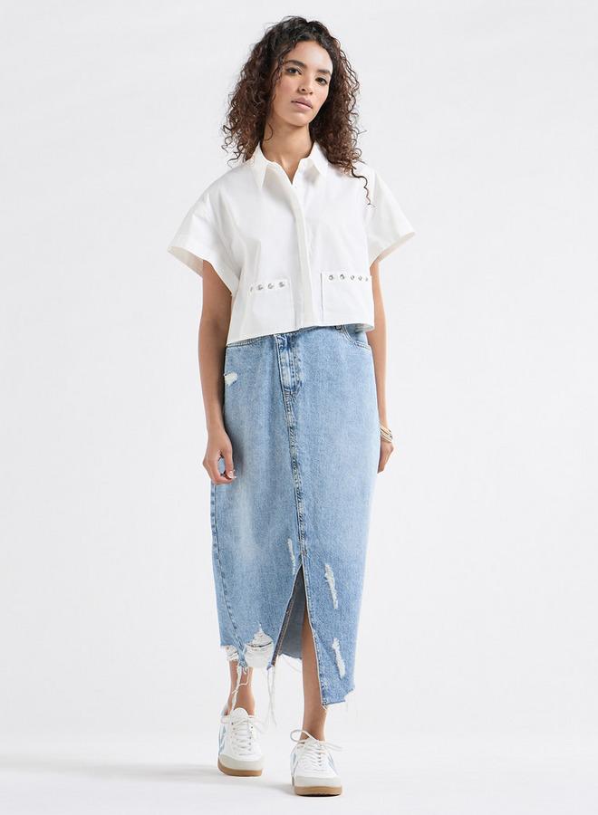 سبلاش فيڤ قميص سادة بأكمام منسدلة الأكتاف وجيوب وأزرار مخفية - Image 2