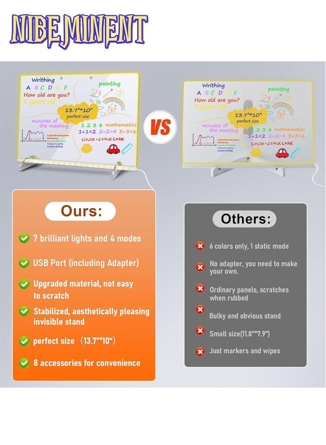 NIBEMINENT LED Note Board with Colors, 13.7"X10" 4 Modes &7 Colors Acrylic Dry Erase Boards with Light, Include Adapter, Hanging Chain, Led Drawing Board for Kids with Stand, 7 Markers, Spray Bottle - Image 3