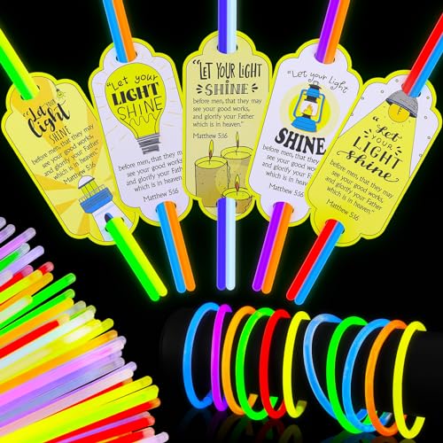 MiniInflat 50 Sets Christian Let Your Light Shine Glow Sticks with Bible Cards Gift for Kids Include 50 Religious Mattehew 516 Gift Tags 100 Glow in the Dark Sticks for Easter Sunday School Favors - Image 1