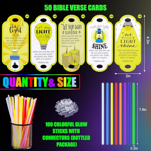 MiniInflat 50 Sets Christian Let Your Light Shine Glow Sticks with Bible Cards Gift for Kids Include 50 Religious Mattehew 516 Gift Tags 100 Glow in the Dark Sticks for Easter Sunday School Favors - Image 5