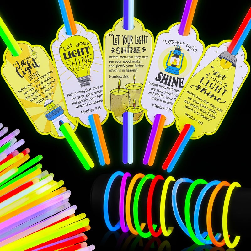 MiniInflat 50 Sets Christian Let Your Light Shine Glow Sticks with Bible Cards Gift for Kids Include 50 Religious Mattehew 516 Gift Tags 100 Glow in the Dark Sticks for Easter Sunday School Favors - Image 3