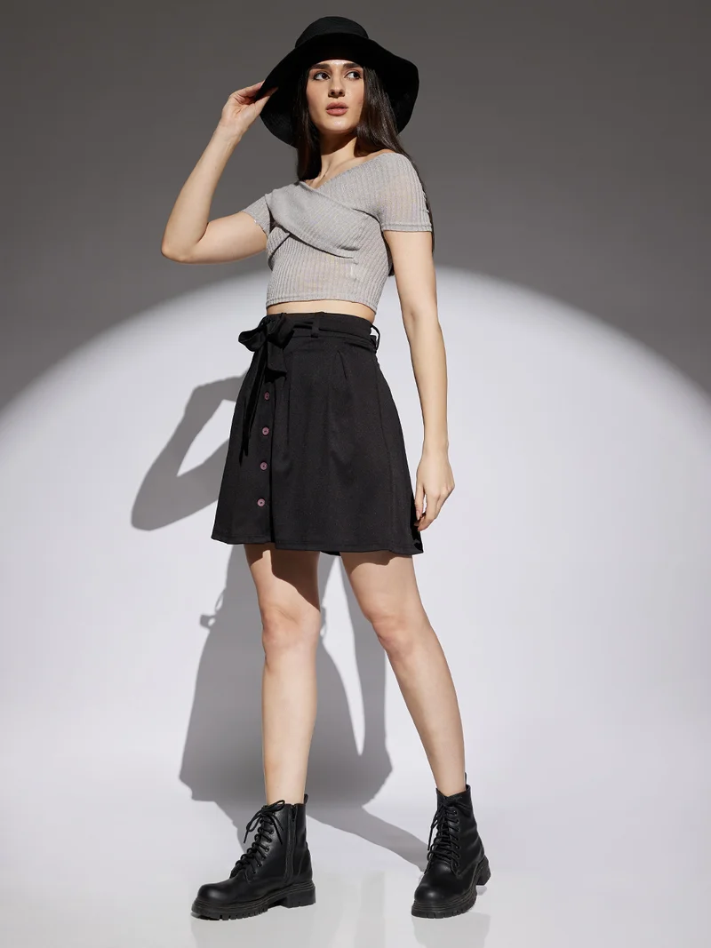 Women Black Mid Rise Waist Tie-Ups Pleated A-Line Mini Skirt