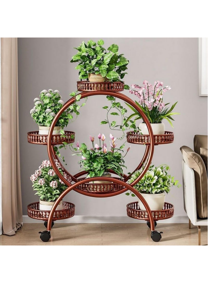 حامل نباتات معدني من 6 طبقات للداخل والخارج مع عجلات، رف أواني زهور، رف عرض لحديقة، من الحديد المطاوع، 6 صواني كبيرة لديكور المنزل والمكتب والغرفة، تشطيب نحاسي - Image 1