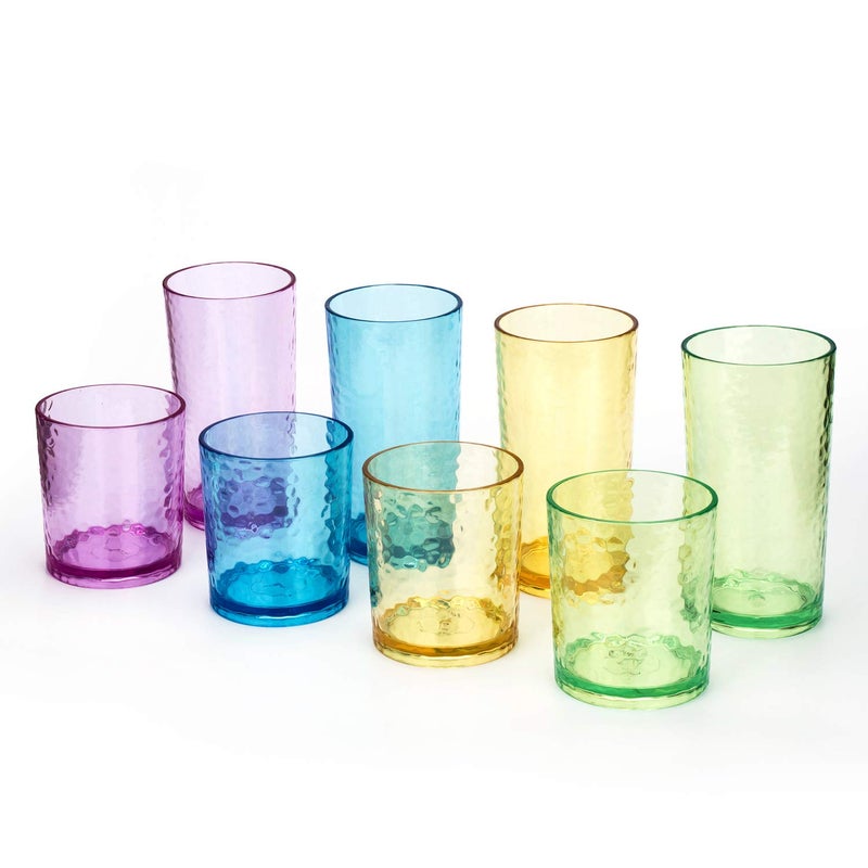 KX-WARE 14-ounce and 20-ounce Acrylic Glasses Plastic Tumbler, set of 8 Multicolor - Hammered Style, Dishwasher Safe, BPA Free - Image 1