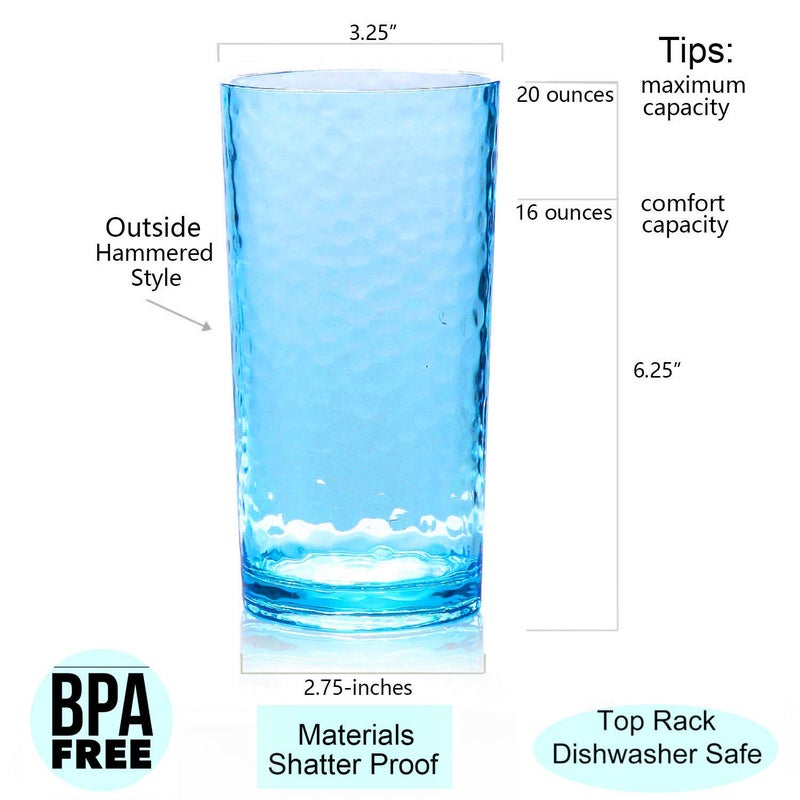KX-WARE 14-ounce and 20-ounce Acrylic Glasses Plastic Tumbler, set of 8 Multicolor - Hammered Style, Dishwasher Safe, BPA Free - Image 3